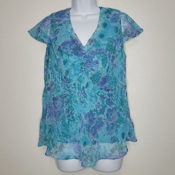 Vintage 90s bright blue sheer overlay floral flutter sleeves flirty top size 18 - Picture 1 of 5